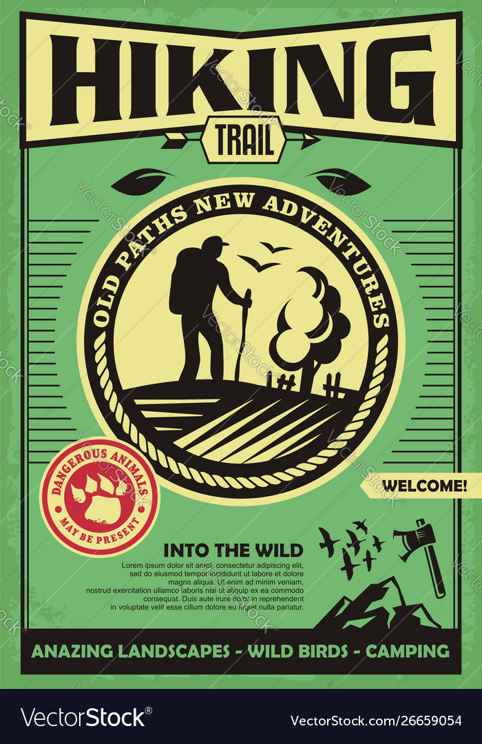 Hiking Trail Promotional Retro Poster Design Vector Image