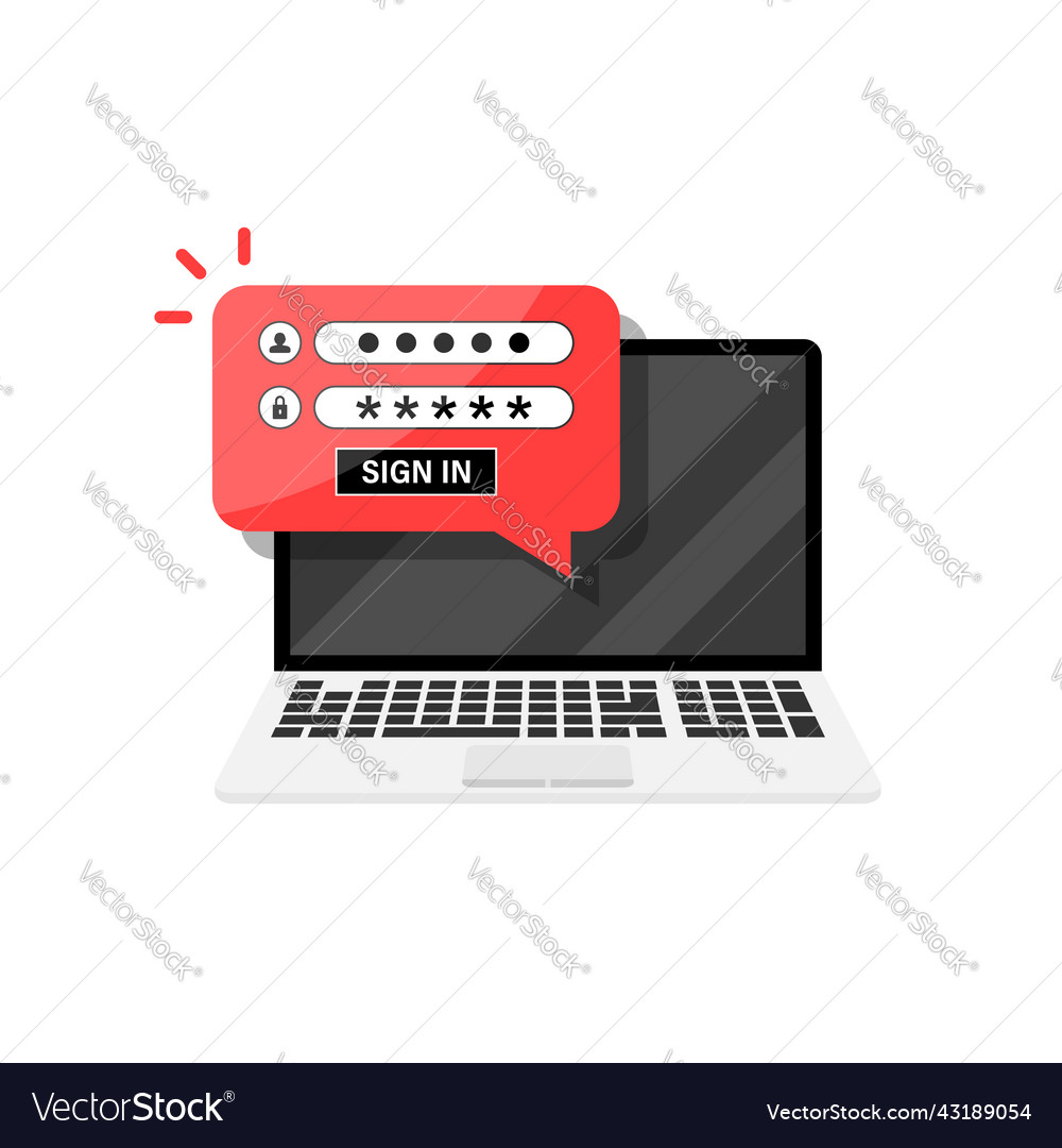 Laptop with password notification icon in flat vector image Laptop with password notification icon in flat