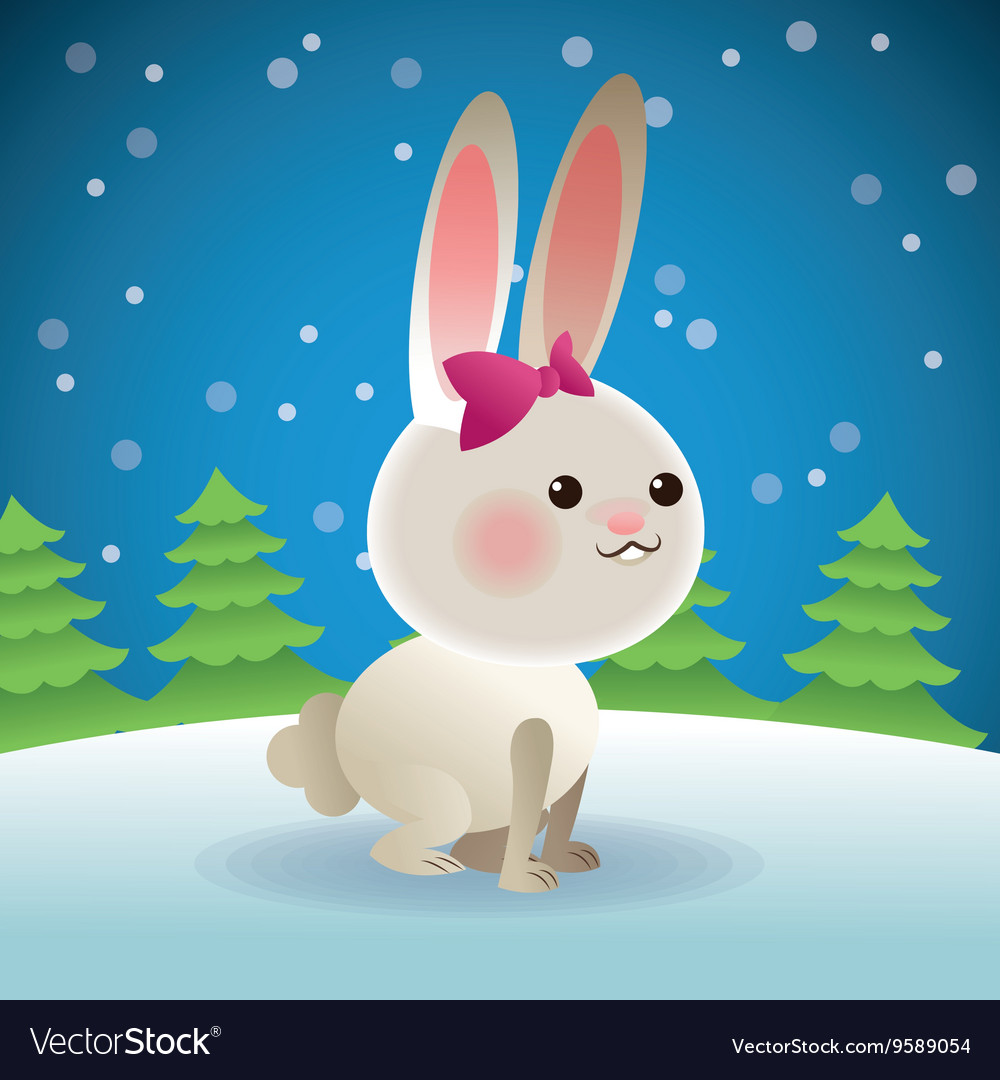 Rabbit and pine tree icon snowing background