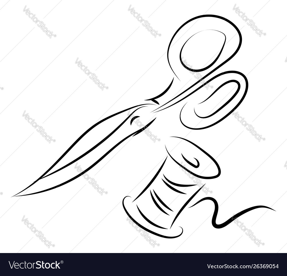 Thread and scissors drawing on white background