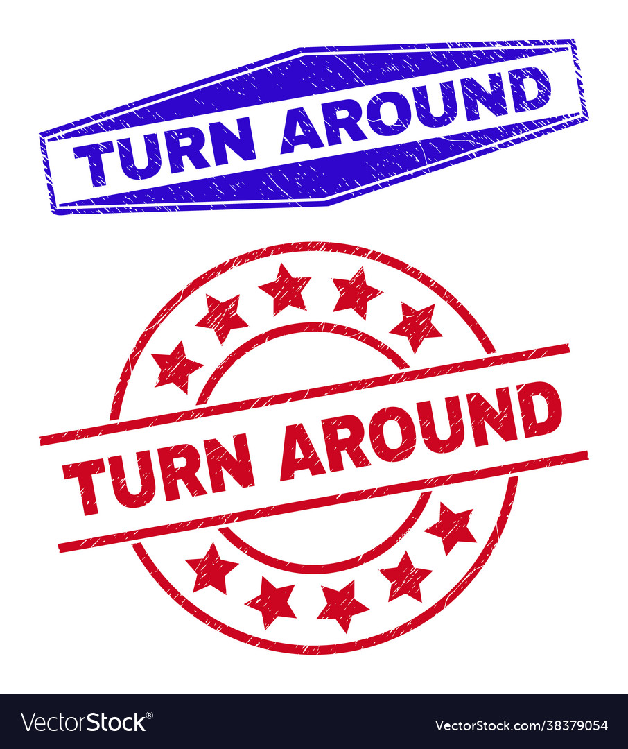 Turn around grunged stamps in round and hexagon Vector Image