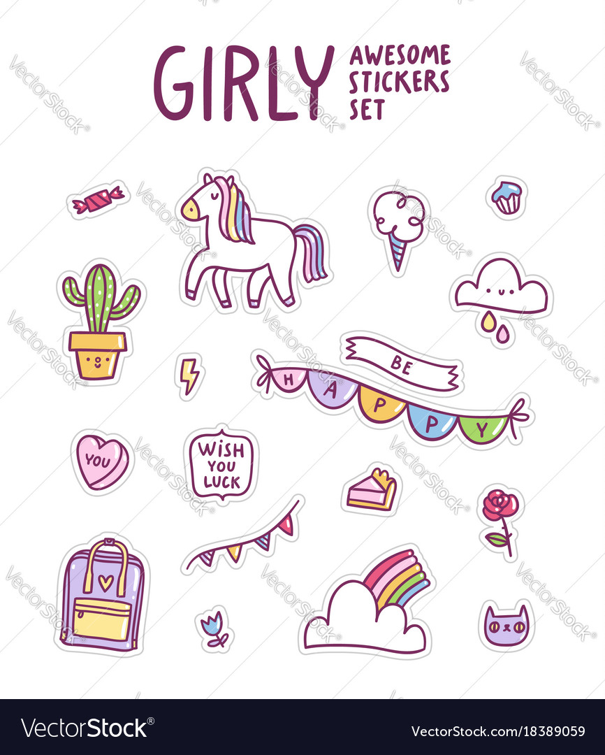 Vector Set Cute Colored Girly Stickers Stock Vector (Royalty Free)  1107652802