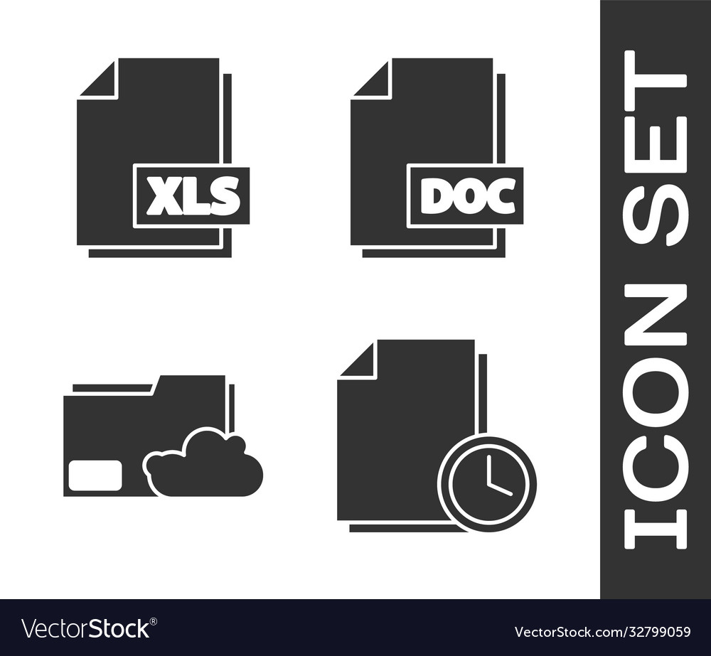 Set document with clock xls file cloud vector image Set document with clock xls file cloud