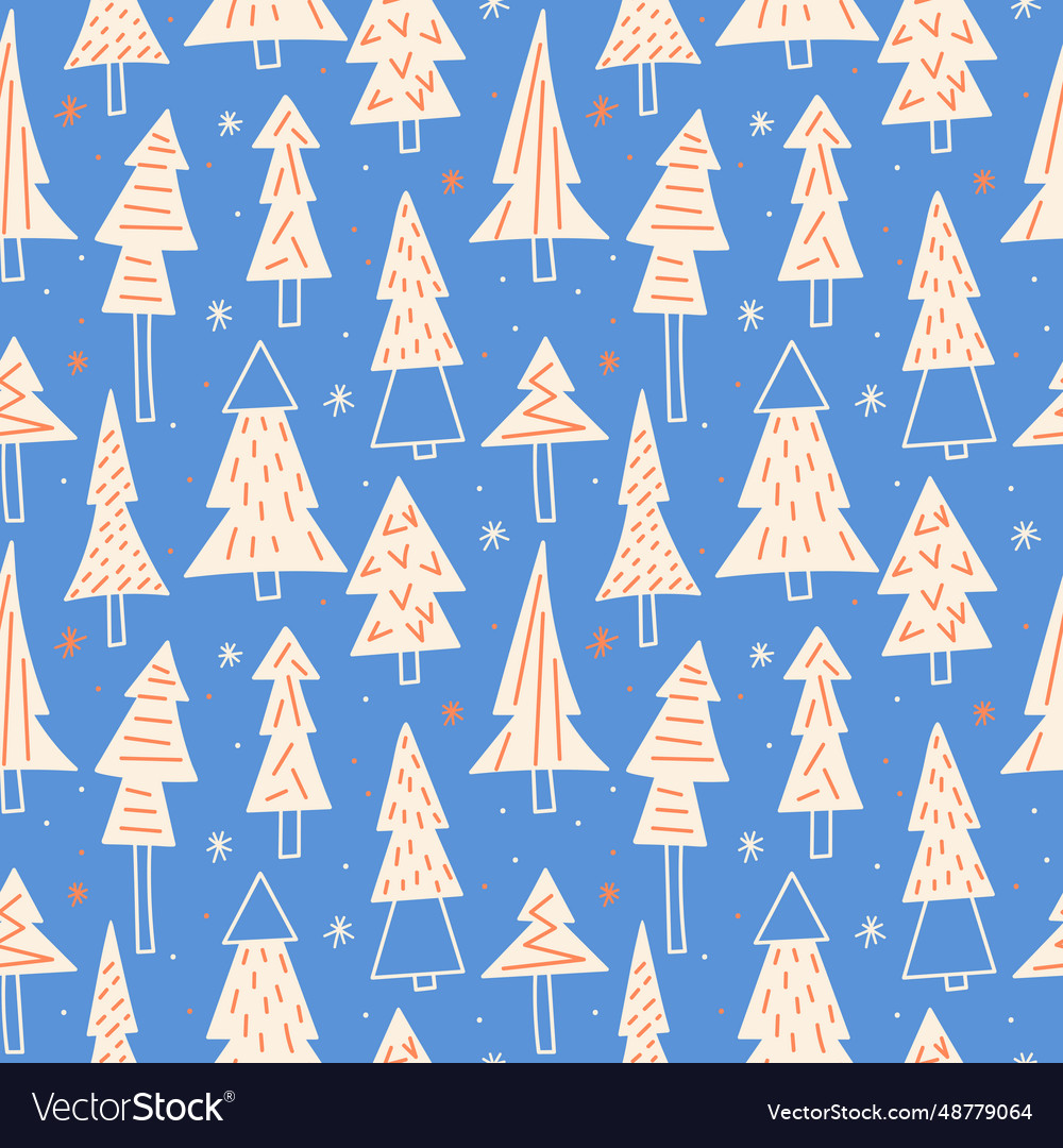Seamless pattern with various trees snowflakes
