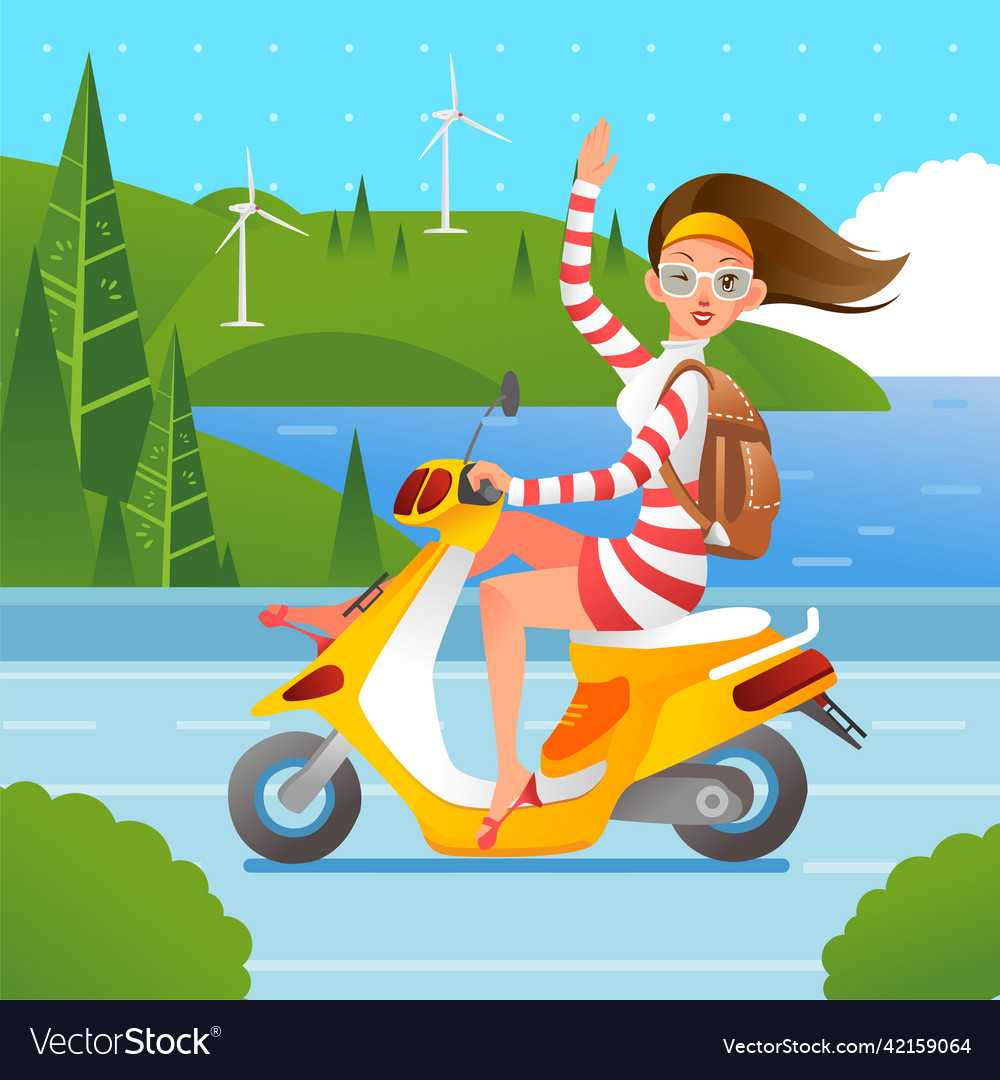 Young women waving hand while riding a motorcycle Vector Image