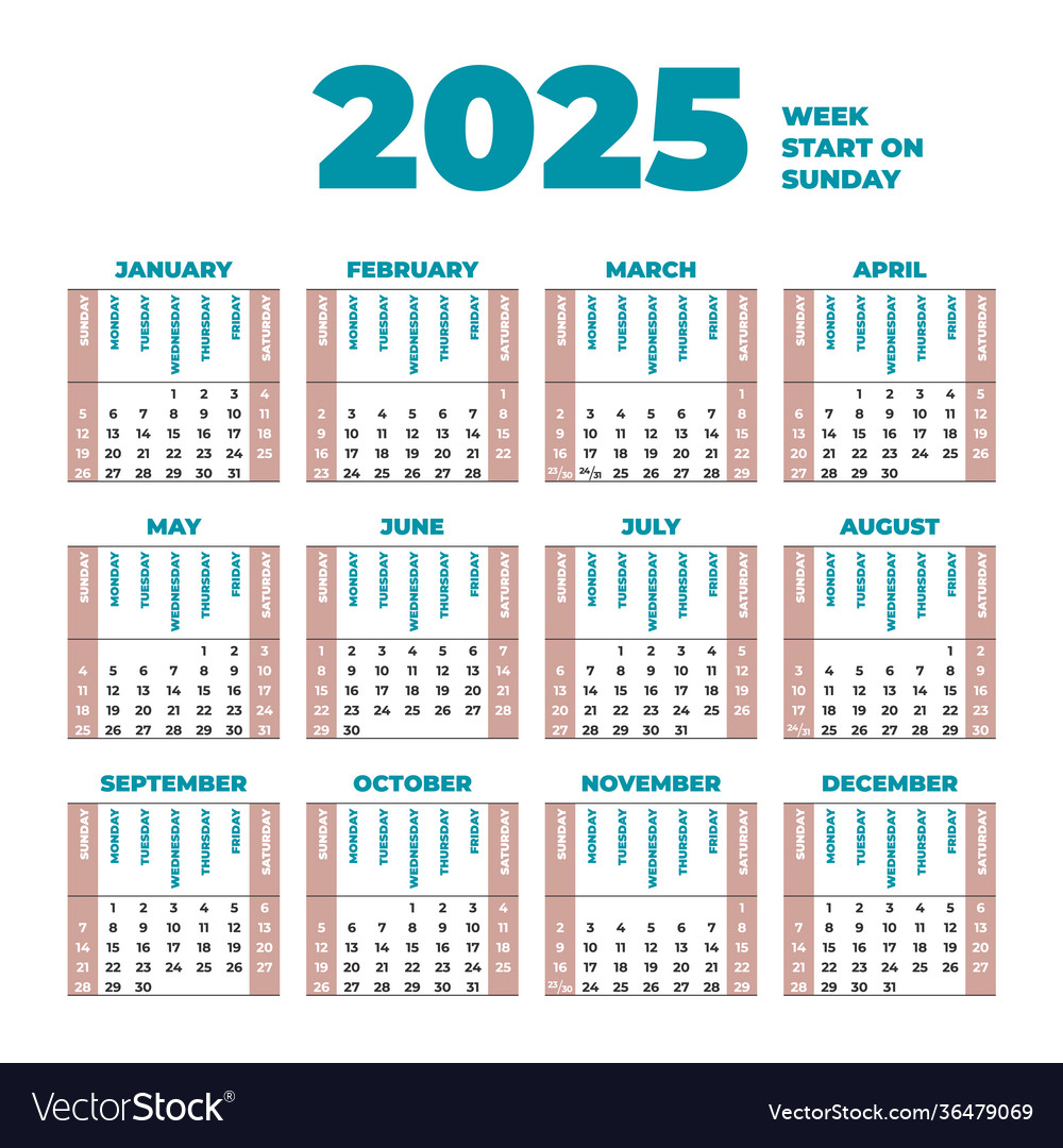 2025 calendar template with weeks start on sunday Vector Image