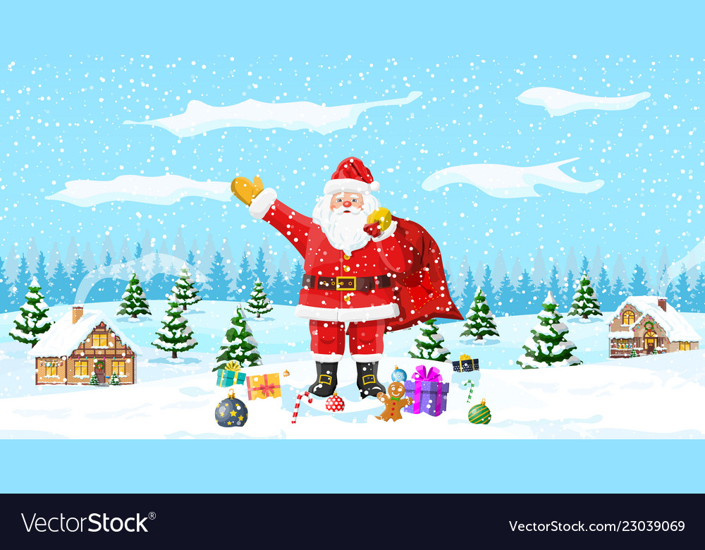 Christmas background santa claus with bag gifts