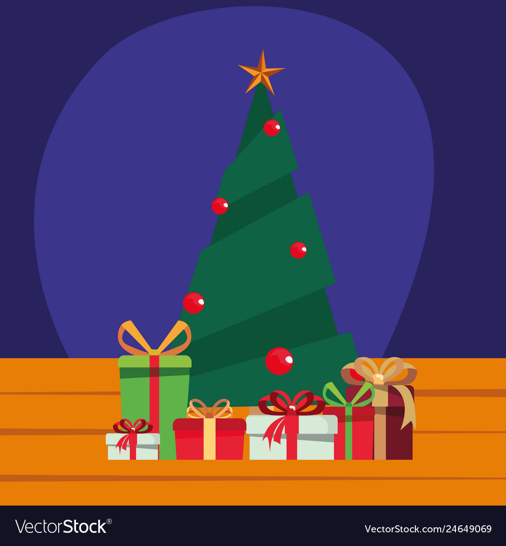 Christmas tree gift boxes wooden background