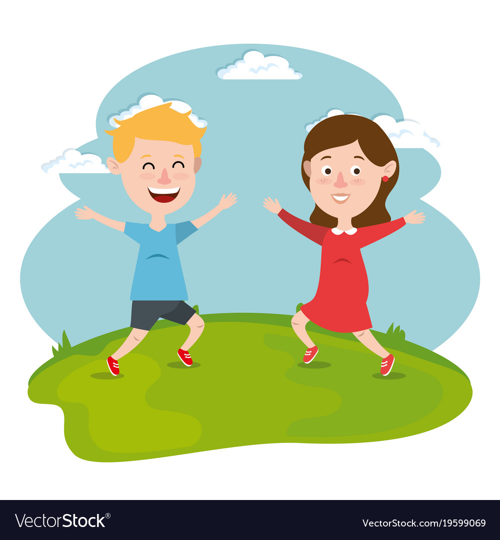 Couple happy kids characters Royalty Free Vector Image