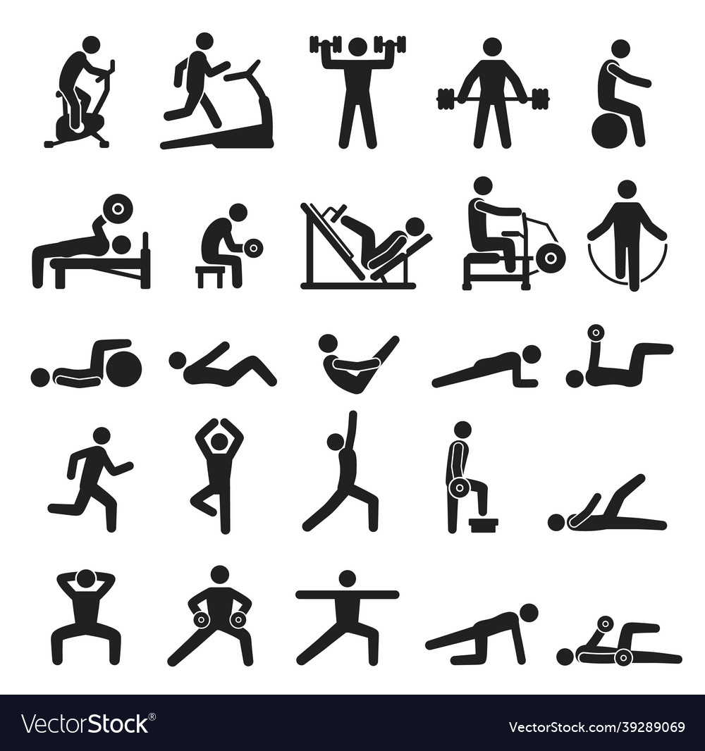 Fitness exercise icons sport workout pictograms Vector Image