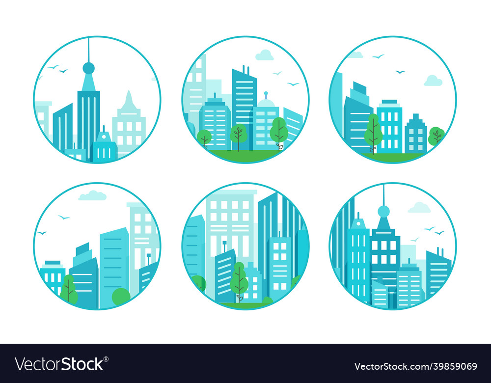 Set of round icons with blue city urban landscape Vector Image