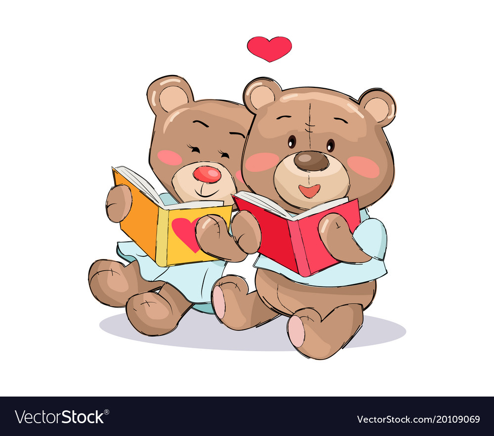 Teddy bears read books with heart sign