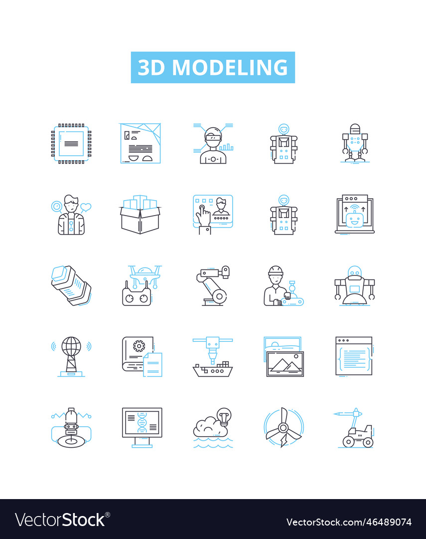 3d modeling line icons set modelling