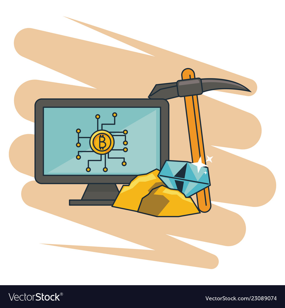 Bitcoin Bergbau von Computer und Pick-Tool vector image Bitcoin Bergbau von Computer und Pick-Tool