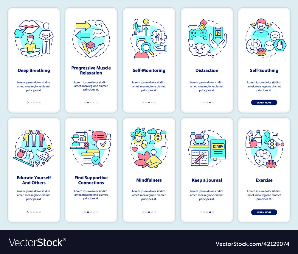 Coping with ptsd onboarding mobile app screen set vector image Coping with ptsd onboarding mobile app screen set