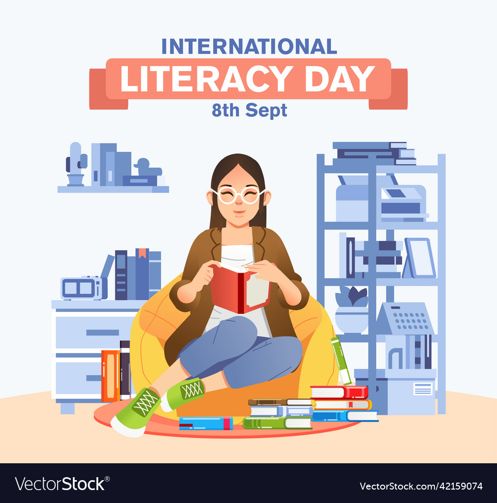 Women sit on bean bag while reading book Vector Image