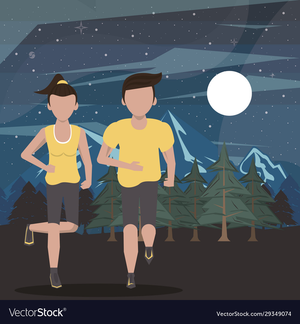 young-couple-running-at-night-in-field-scene-vector-image