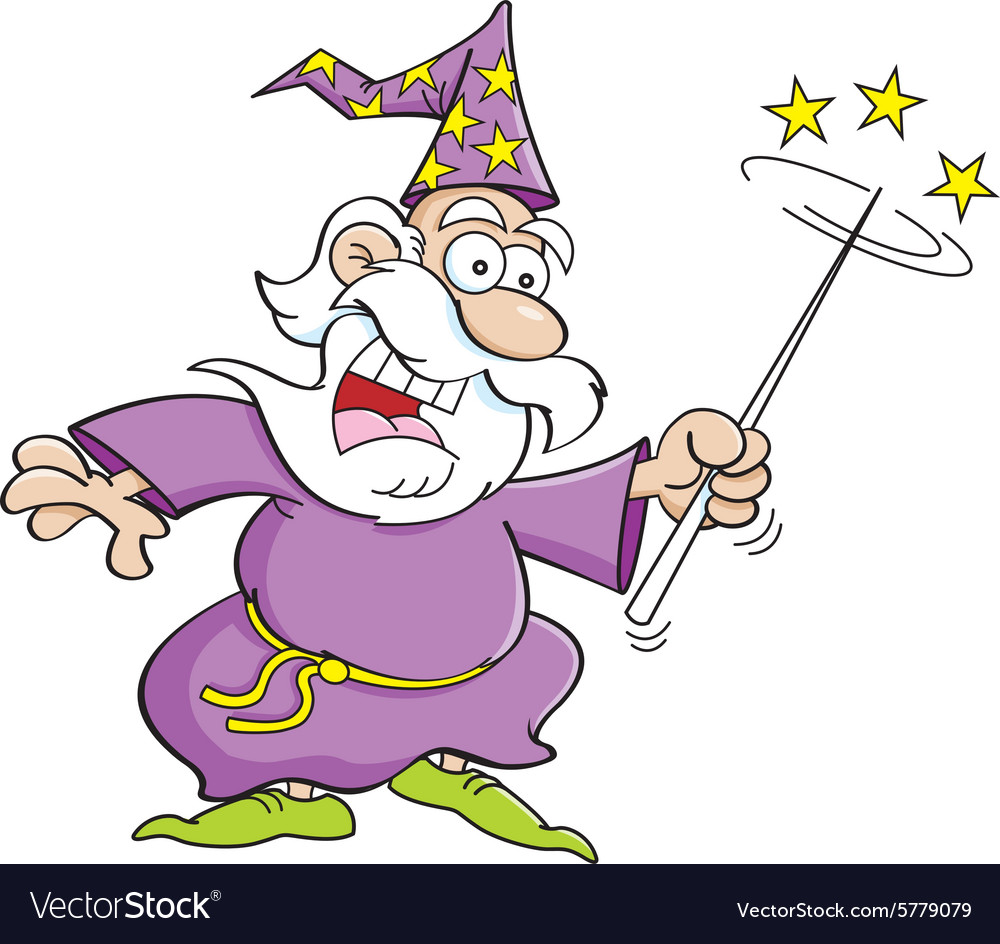 Cartoon wizard waving a magic wand Royalty Free Vector Image