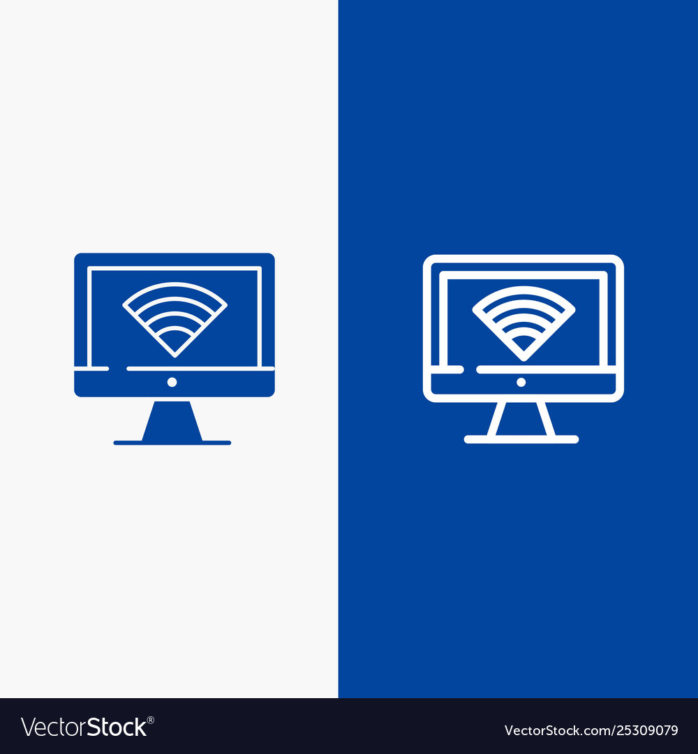 Computer monitor wifi signal line and glyph solid vector image Computer monitor wifi signal line and glyph solid