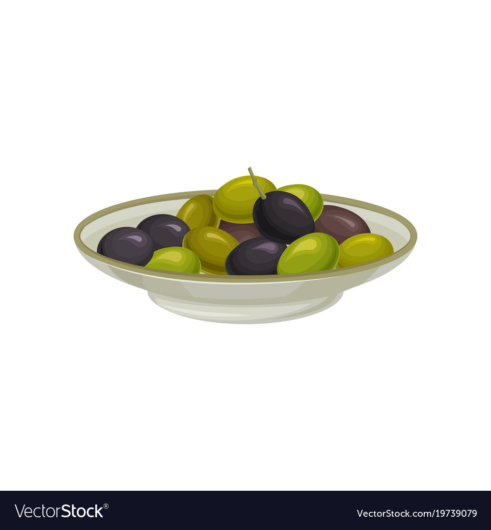 White plate of pickled black and green olives