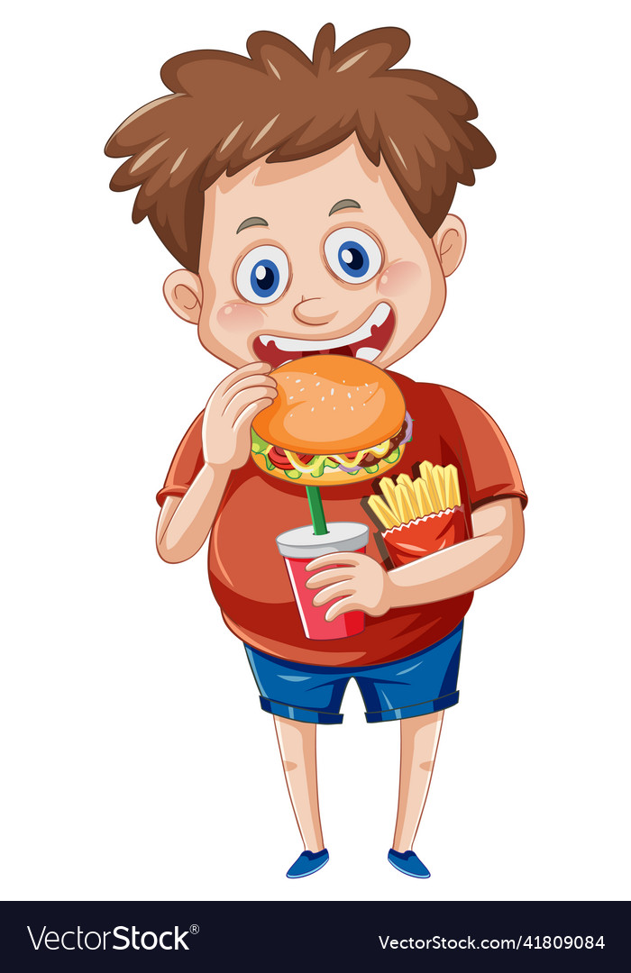 A boy eating fast food on white background Vector Image