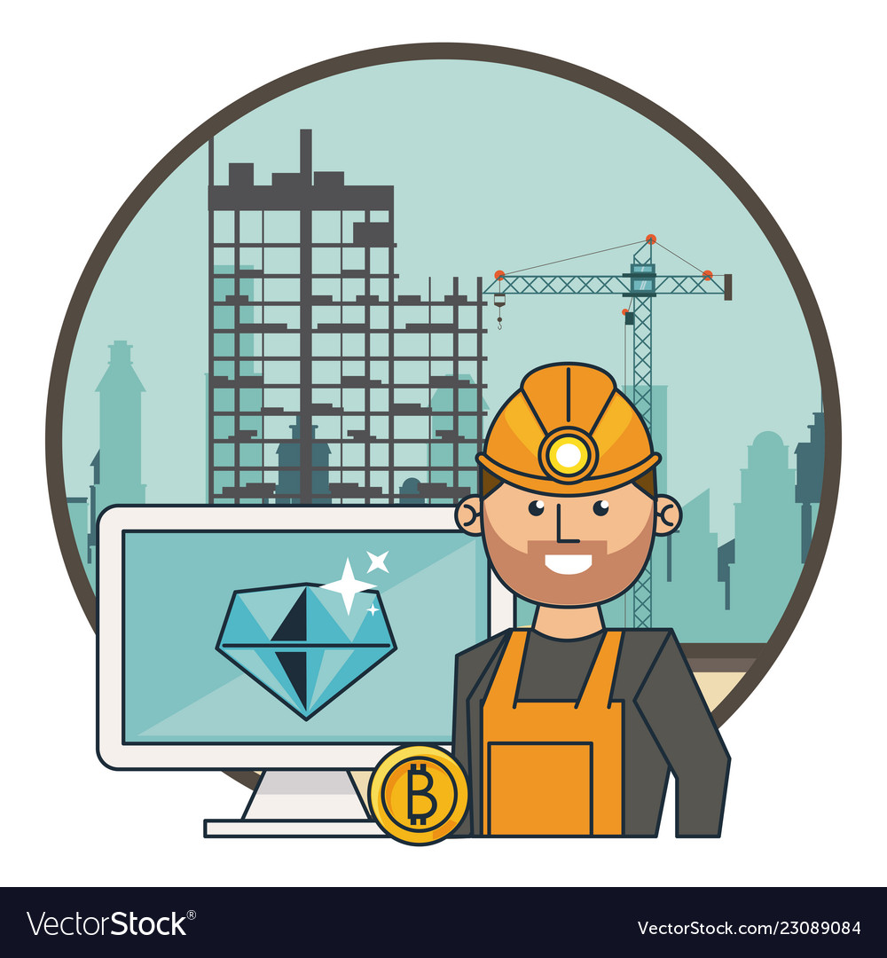Bitcoin mining computer and worker vector image Bitcoin mining computer and worker
