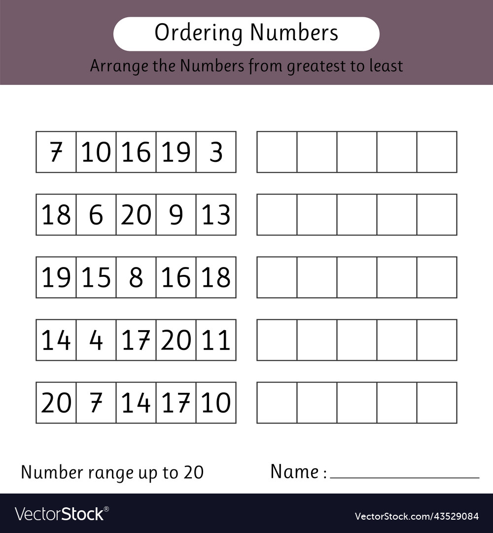 Ordering numbers worksheet number range up to 20 Vector Image Ordering numbers worksheet number range up to 20