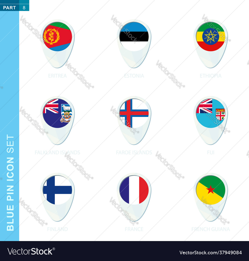 Pin flag set map location icon in blue colors