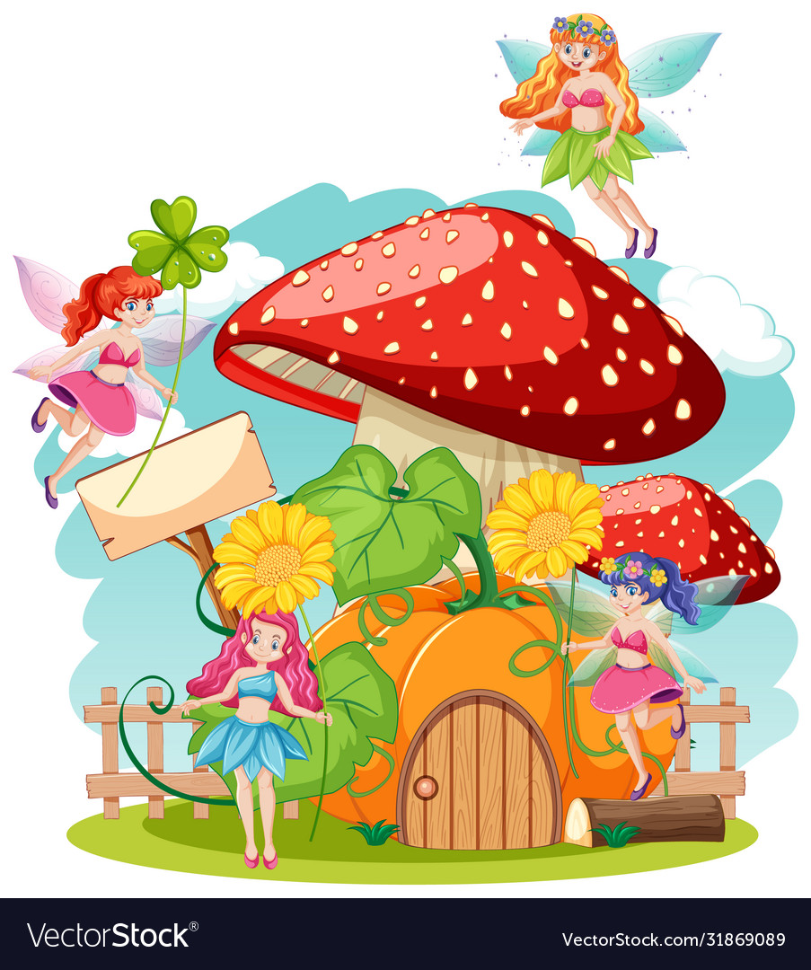 Fairy tales holiding flower and mushroom house Vector Image