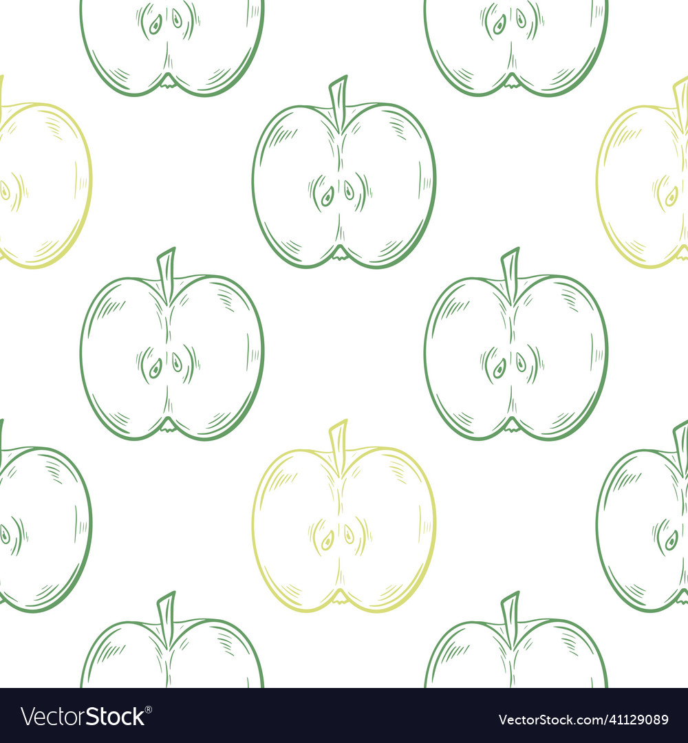 Green apples hand engraving seamless pattern