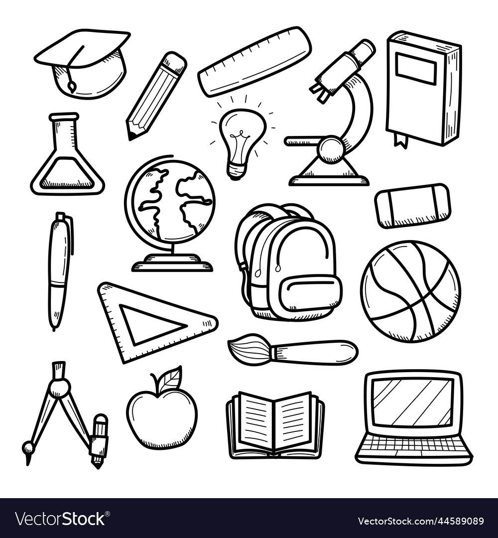 Set of education doodle hand-drawn school vector image Set of education doodle hand-drawn school