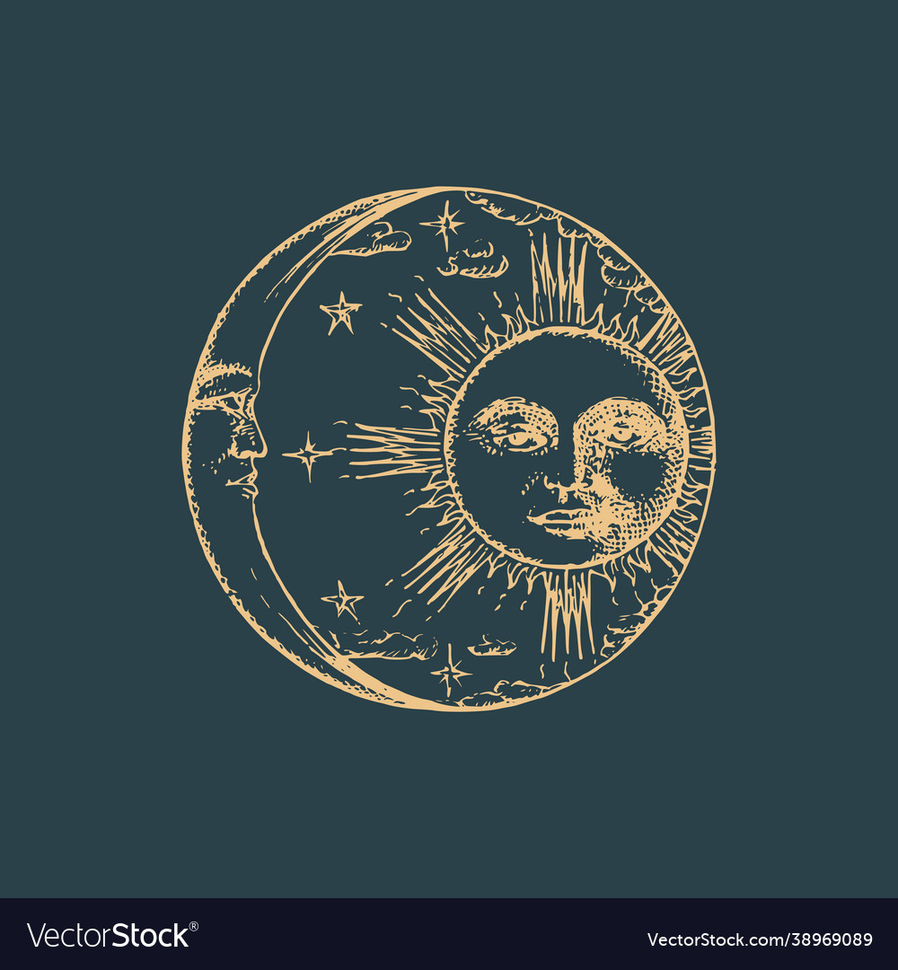 Sun crescent in engraving style drawing Royalty Free Vector