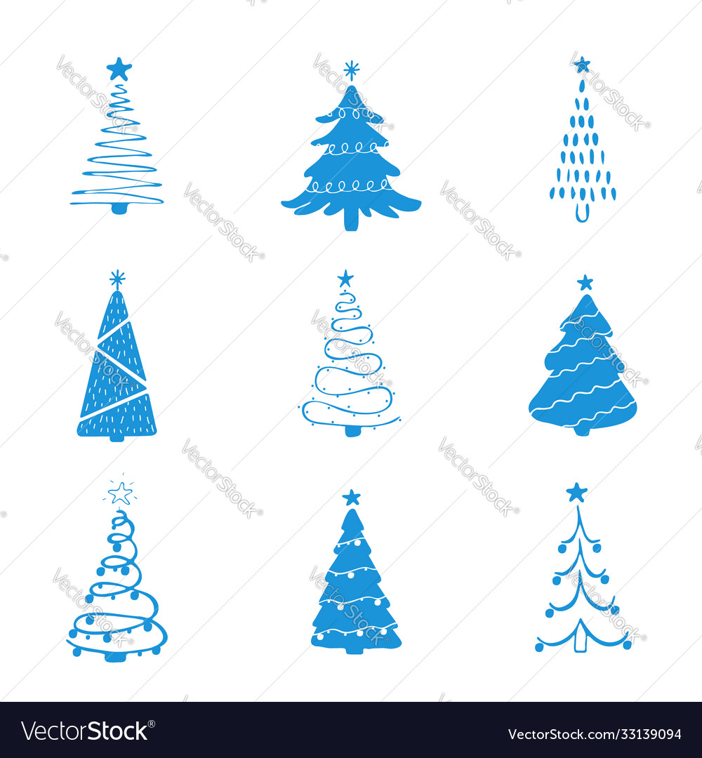 Set blue christmas tree icons xmas symbol