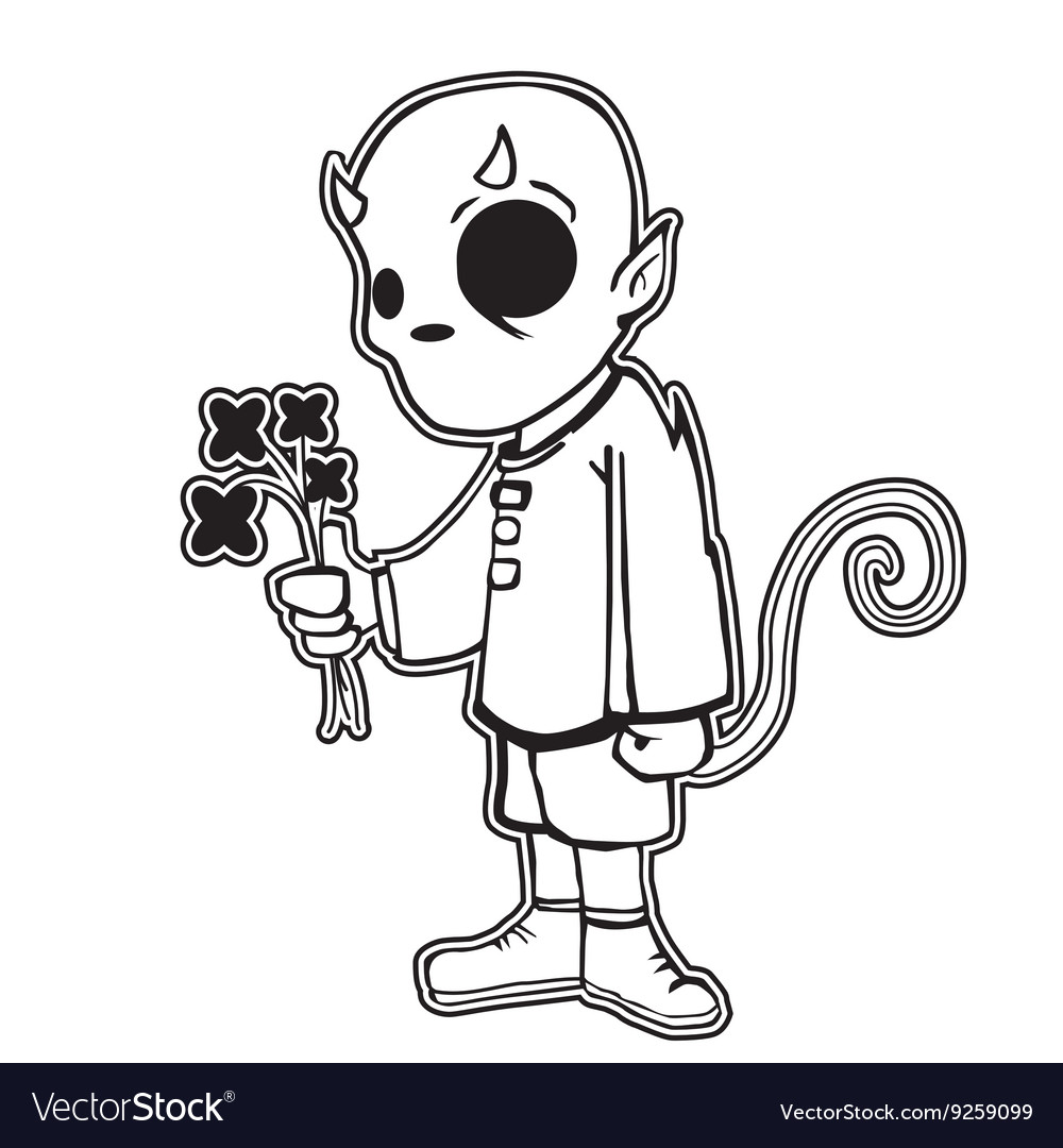 Little devil holding black flowers