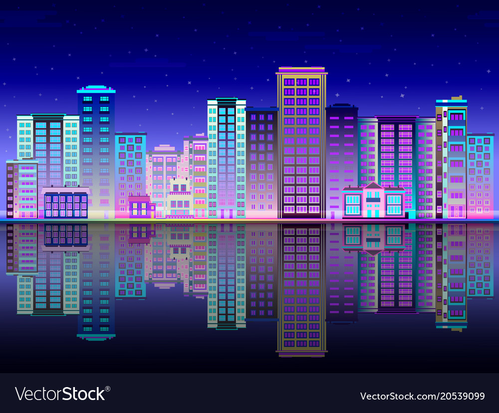 Night city in lights skyline with multistorey