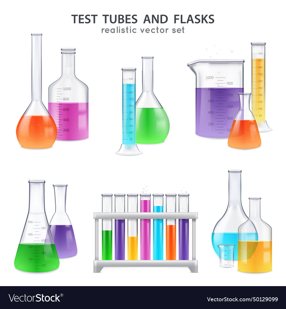 Realistic test-tubes retorts set Royalty Free Vector Image