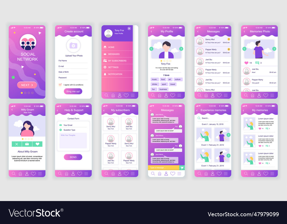 Set of ui ux gui screens social network app flat Vector Image Set of ui ux gui screens social network app flat