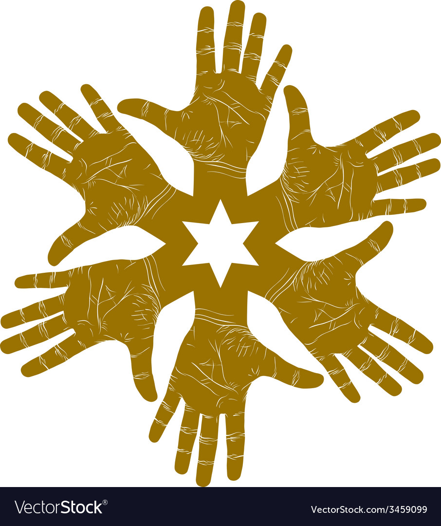 Six open hands abstract symbol with hexagonal star