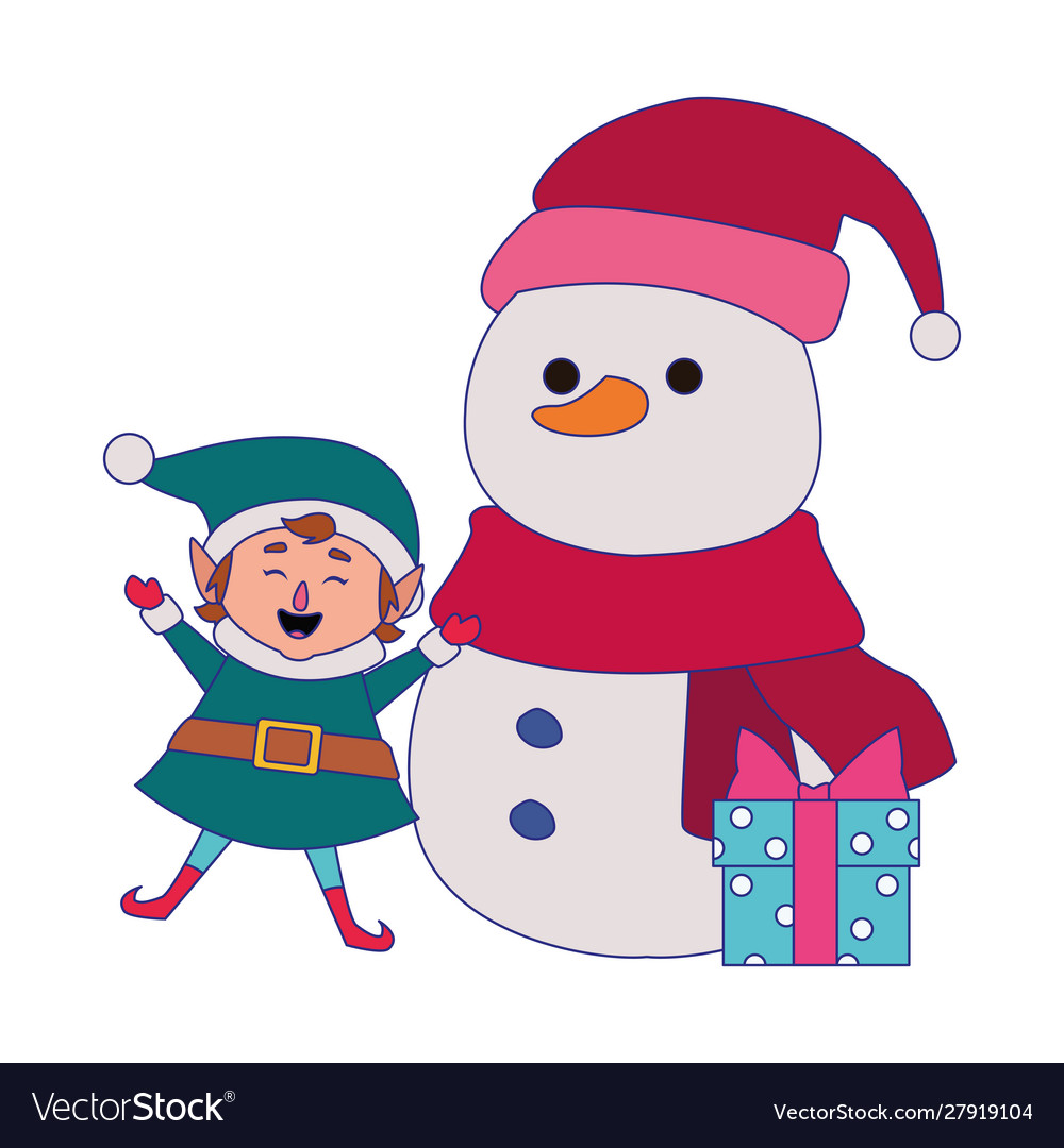 Cartoon snowman and christmas elf with gift box