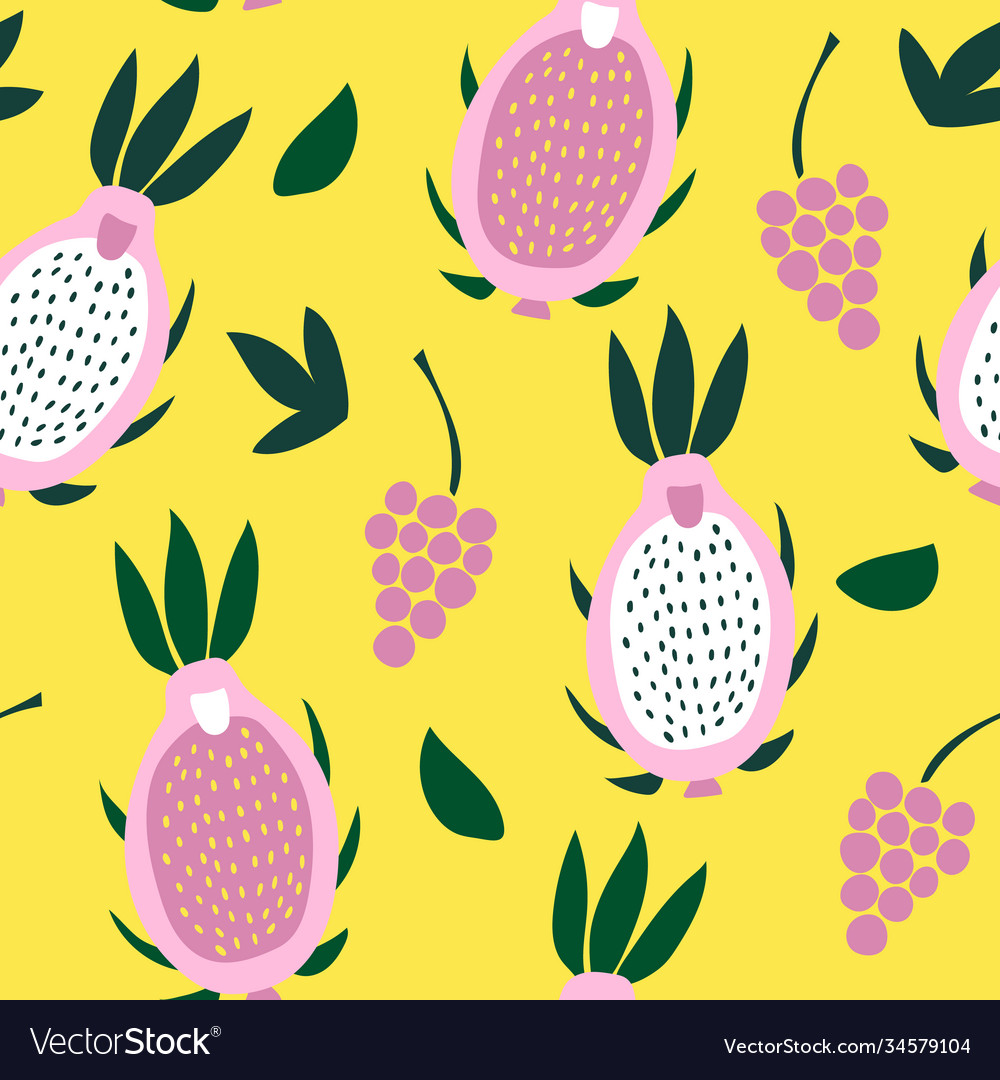 Seamless pattern large pink pitaya and grapes