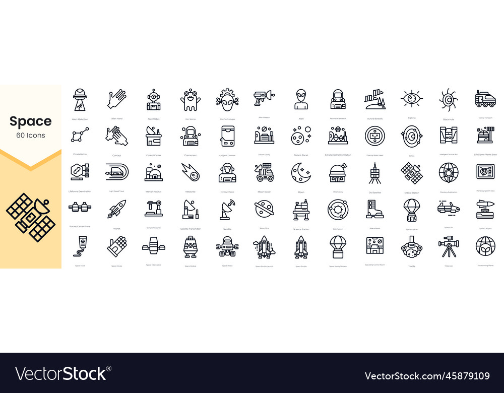 Simple outline set of space icons thin line
