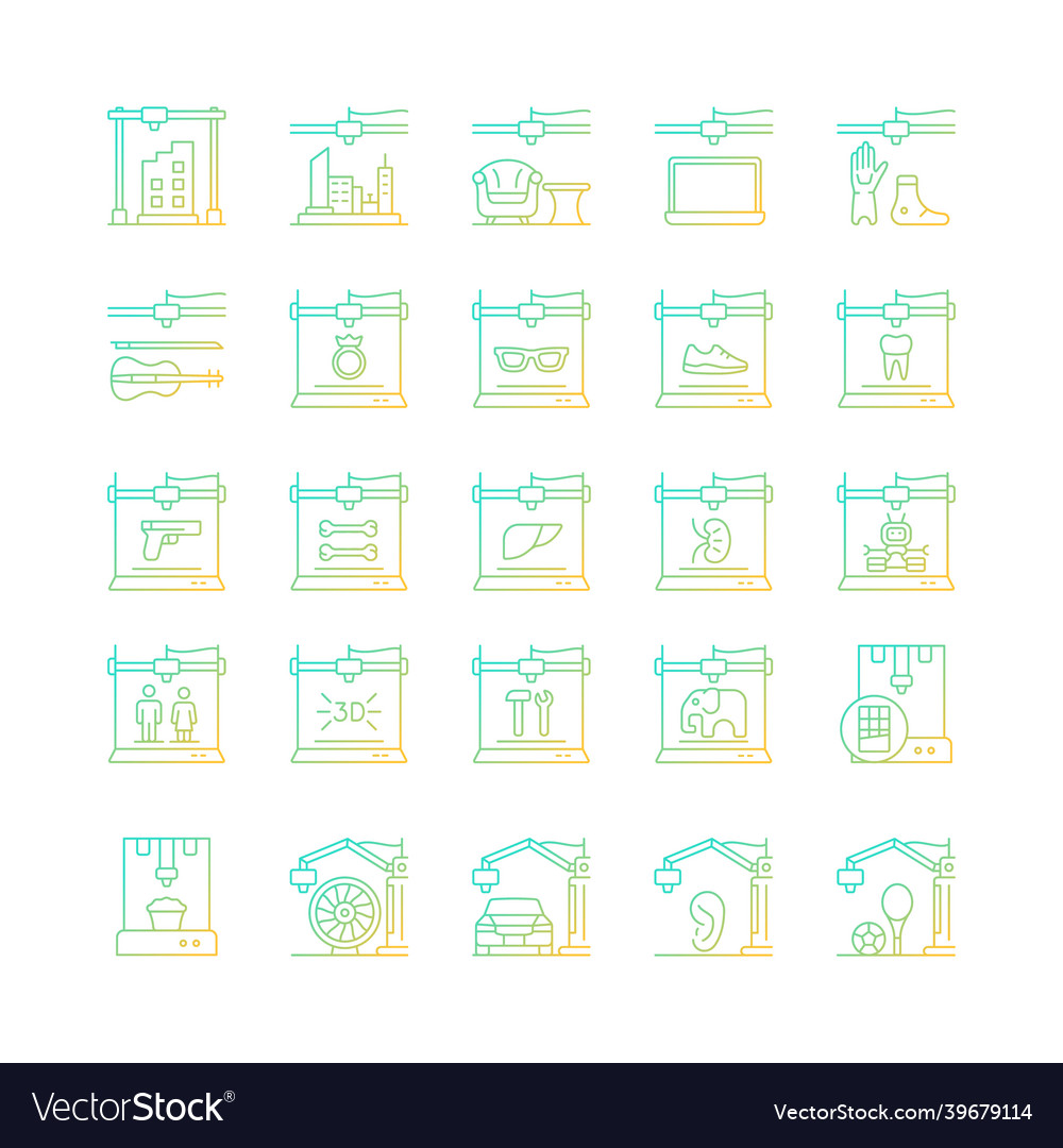 3d printing technology gradient linear icons set
