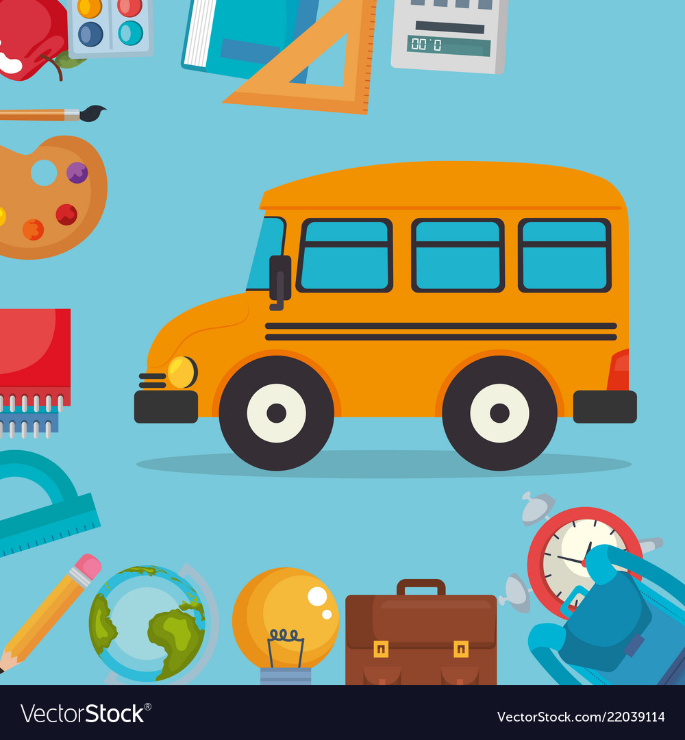 Bus with school supplies Royalty Free Vector Image