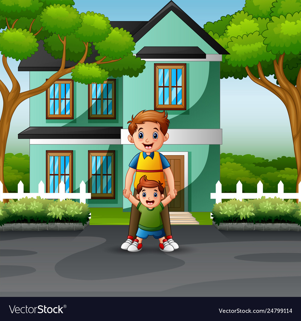 Happy father and sons in front house Royalty Free Vector