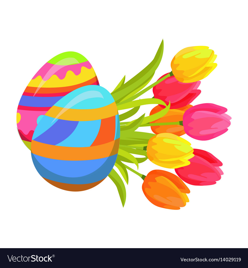 Beautifully colored eggs and festive tulips art Vector Image