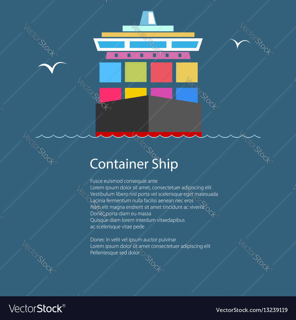 Vorderansicht des Containerschiffs und Text