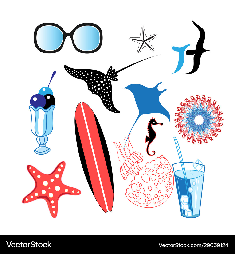 Beach marine set different elements Royalty Free Vector