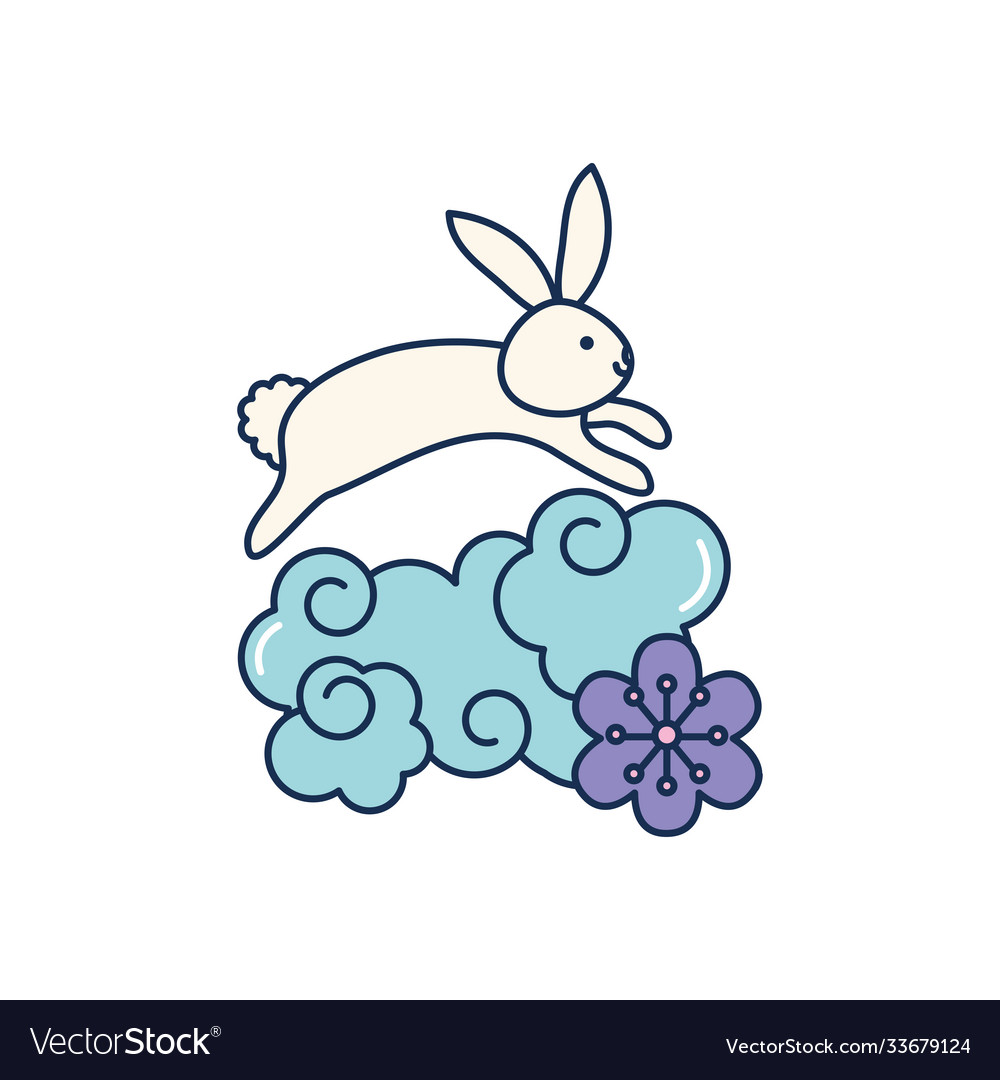 Oriental cloud flower and cute rabbit line fill