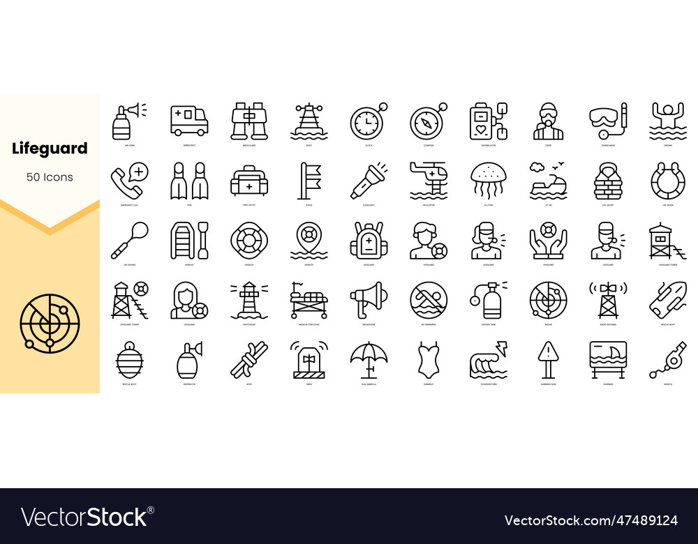 Set of lifeguard icons simple line art style vector image Set of lifeguard icons simple line art style