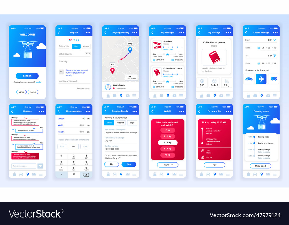 Set of ui ux gui screens delivery app flat design